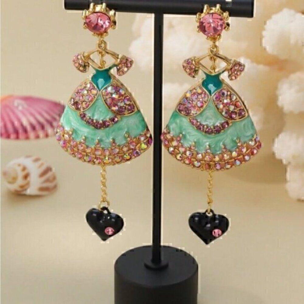 Medieval Retro Ballet Rhinestone Heart Dress Drop Dangle Earrings
